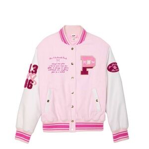 LoveShackFancy Pink and White Varsity Jacket